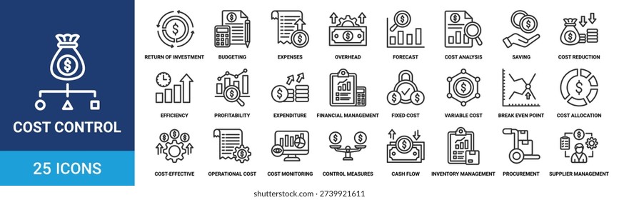 Cost control icon set. Containing return of investment, budgeting, expenses, overhead, forecast, cost analysis, saving and more. Line vector icons collection.