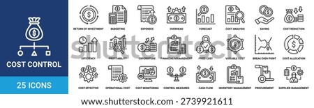 Cost control icon set. Containing return of investment, budgeting, expenses, overhead, forecast, cost analysis, saving and more. Line vector icons collection.