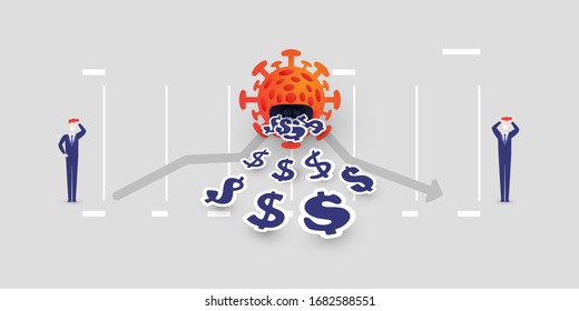 Cost of Coronavirus Pandemic, Virus Cannibalizing Profits and Savings - Impact on the Global Economy,  Businesses Stop Growing, Results Declining - Vector Concept with Chart and Businessmen