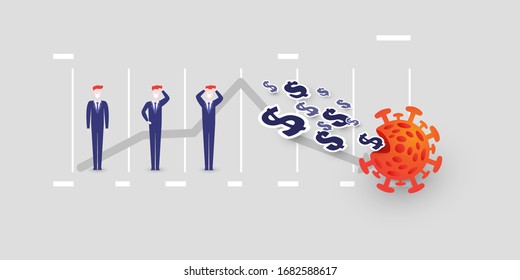 Cost of Coronavirus Pandemic, Virus Cannibalizing Profits and Savings - Impact on the Global Economy,  Businesses Stop Growing, Results Declining - Vector Concept with Chart and Businessmen