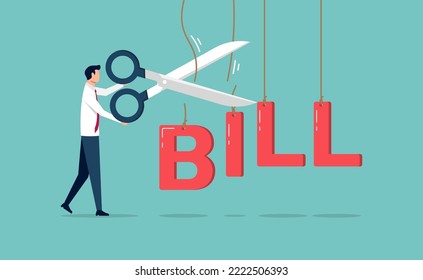 Cost cut or reduction concept. Business efficiency and cost optimization symbol. Businessman cutting bill alphabet vector illustration