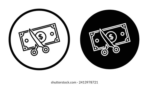 Kostensenkungssymbol eingestellt. Steuersenkungen und Geldreduzierung Vektorsymbol in schwarz gefüllter und umrissener Form. Billiger Preis und niedrigeres Haushaltszeichen.