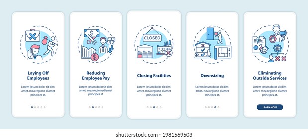 Cost cutting measures onboarding mobile app page screen with concepts. Business optimization walkthrough 5 steps graphic instructions. UI vector template with RGB color illustrations