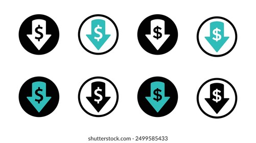 Cost decrease graphic vector icons set. Cost reduction vector signs collection