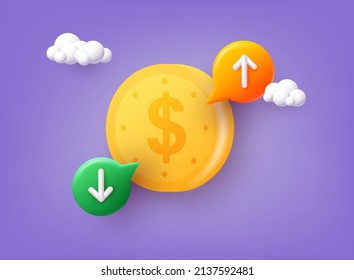 Costo del dólar con flecha hacia abajo y arriba. Moneda del dólar con pérdida o crecimiento. Incremento y bajos ingresos.  Ilustraciones de vectores Web 3D. 