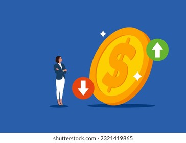 Cost of dollar with arrow down and up. Coin of dollar with loss or growth. Vector illustration