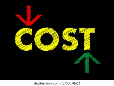 Cost up down with arrows sign on black chalkboard