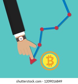 Cost down, decrease graph. Decrease down profit. Declining chart and Bitcoin icon vector