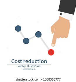 Cost down reduction concept. Cost down. Businessman with his hand lowers the arrow of the graph. Vector illustration flat design. Isolated on background. Decrease down profit. Declining chart