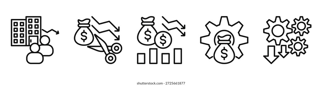 cost and downsizing banner web icon vector illustration featuring icons of corporate downsizing, cost cutting, budget reduction, cost control, operational reduction.