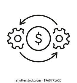 Cost Effective Line Icon. Cogwheels, Gears and Dollar Symbol. Efficiency and Optimization Line Icon. Operation and Production of Making Money concept. Editable stroke. Vector Illustration.