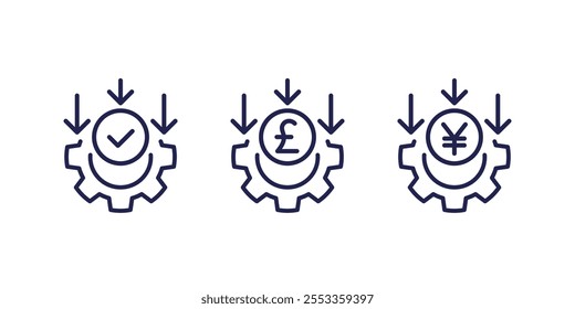 cost effective line icons, reducing costs vector set