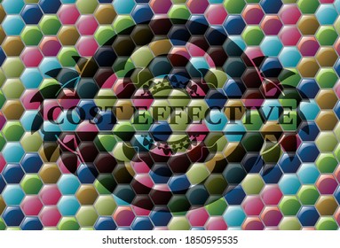 Cost effective text inside Colorful multicolored badge. Hexagon fancy background. Illustration. 