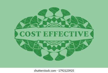 Cost effective text inside Green stroke badge. Eco delicate background. Intense illustration. 