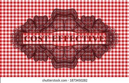 Cost effective text inside Guilloche red checkered tablecloth realistic badge. Restaurant graceful background. Illustration. 