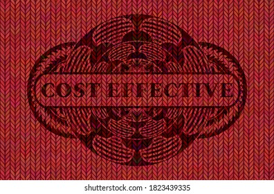 Cost effective text inside Red color woolen fabric realistic badge. Cloth fancy background. Illustration. 