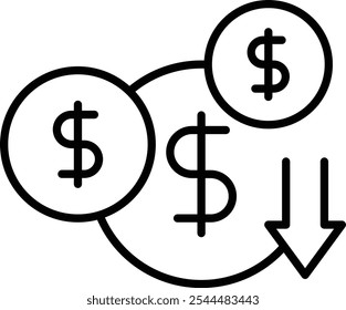 Cost Efficiency Icon – Dollar Sign with Downward Trend Arrow. Black Vector outline style