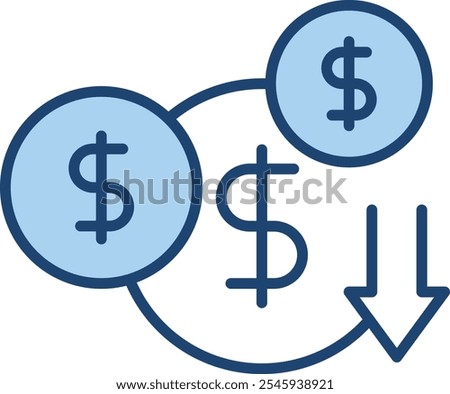 Cost Efficiency Icon – Dollar Sign with Downward Trend Arrow. Black Vector outline style