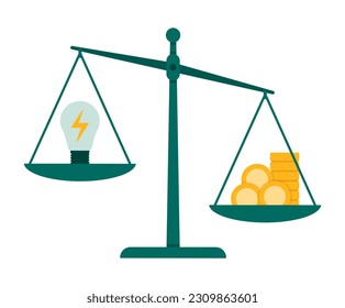 The cost of energy concept: weighing scale with electric lamp on one plate and cash money on the other side