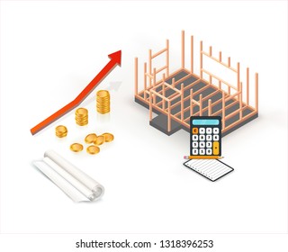 Cost estimation for building house with rolled blueprint plan and calculator. Isometric concept. Vector illustration