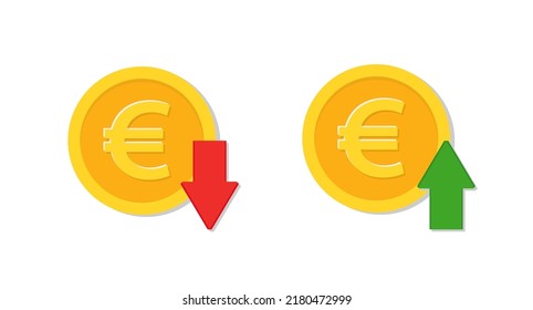 Cost of euro with arrow down and up. Coin of euro with loss or growth. Increase and low of revenue. Economy crisis or economy growth. Icon of exchange of currency. Vector.