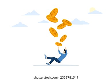 Kosten-und Kosten-Problem Konzept, finanzielle Fehler verlieren Geld, Investitionsrisiko oder Handelsversagen, Schulden und Darlehen, Geschäftsmann-Anleger fallen auf Boden verloren alle Geld-Dollar-Münze. flache Vektorgrafik