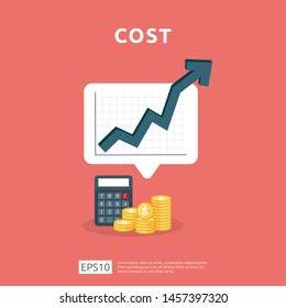 cost fee spending increase with arrow rising up growth diagram. business cash reduction concept. investment growth progress with calculator element in flat design vector illustration.