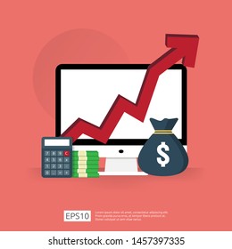 cost fee spending increase with arrow rising up growth diagram. business cash reduction concept. investment growth progress with computer and calculator element in flat design vector illustration.