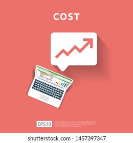 cost fee spending increase with arrow rising up growth diagram. business cash reduction concept. investment growth progress with computer and calculator element in flat design vector illustration.