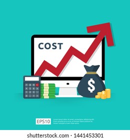 cost fee spending increase with red arrow rising up growth diagram. business cash reduction concept. investment growth progress with calculator, desktop PC, money element in flat design illustration.