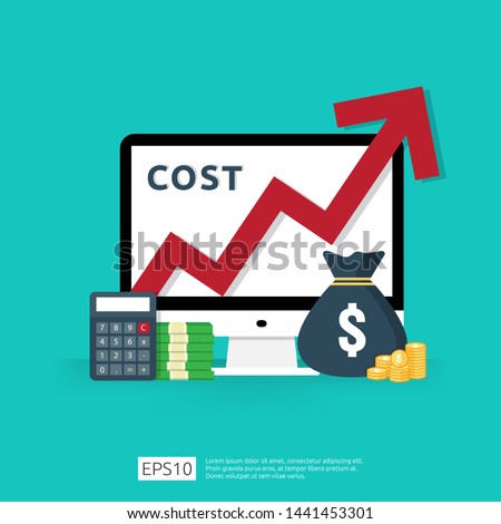 cost fee spending increase with red arrow rising up growth diagram. business cash reduction concept. investment growth progress with calculator, desktop PC, money element in flat design illustration.