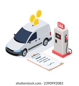 Cost of gasoline, car coins, money, report. Vector 3d isometric, color web icons, new flat style. Creative design idea for infographics.