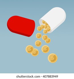 Cost of Health Care - Pill Capsule Flat Design with Coins on Blue Background