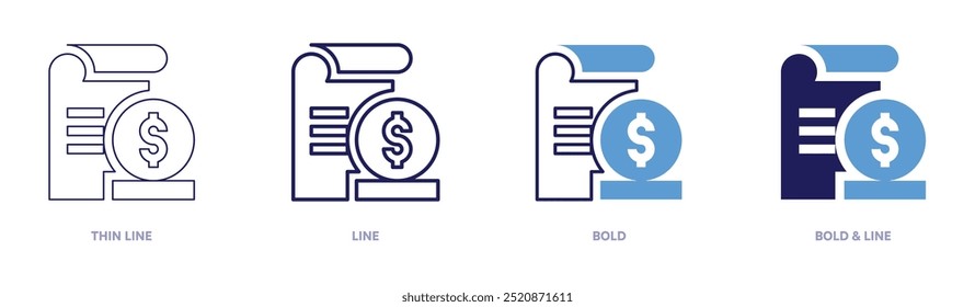 Ícone de custo em 4 estilos diferentes. Linha fina, Linha, Negrito e Linha Negrito. Estilo duotônico. Traçado editável.