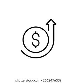 Icono de aumento de costos. Estilo de contorno. Dólar flecha hacia arriba, crecimiento del Precio, datos financieros, aumento de beneficios, gráfico de inversión, valor de mercado, progreso económico, tendencia de ingresos. Símbolo de línea delgada.