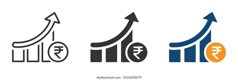 Cost increase vector icons. Rupee increase vector illustration set. Indian Rupee cost increase