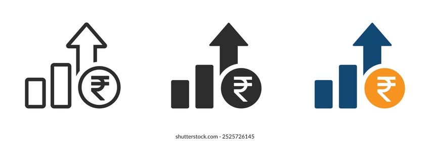 Cost increase vector icons. Rupee increase vector illustration set. Indian Rupee cost increase icon