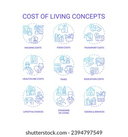 Juego de iconos de concepto de degradado azul vivo. Gastos de dinero. Necesidad básica. Sostenibilidad financiera. Tema social. Economía personal. Bueno, son ilustraciones de color de línea delgada. Símbolos aislados