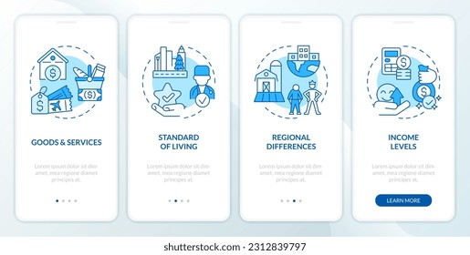 Cost of living concepts blue onboarding mobile app screen. Well being walkthrough 4 steps editable graphic instructions with linear concepts. UI, UX, GUI template. Myriad Pro-Bold, Regular fonts used