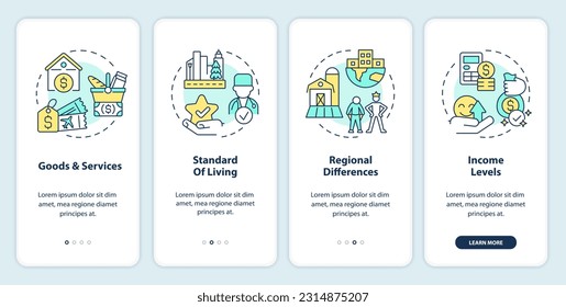 Cost of living concepts onboarding mobile app screen. Social issue walkthrough 4 steps editable graphic instructions with linear concepts. UI, UX, GUI template. Myriad Pro-Bold, Regular fonts used