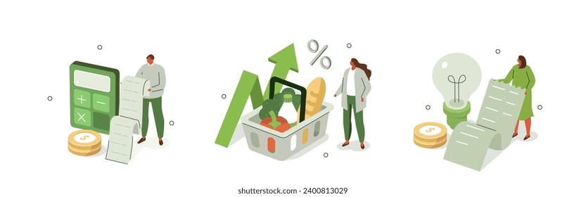 Cost of living, consumer price index rising. Characters worries about goods, groceries,  utilities price increases. Vector illustration isolated.