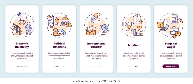 Cost of living crisis factors onboarding mobile app screen. Walkthrough 5 steps editable graphic instructions with linear concepts. UI, UX, GUI template. Myriad Pro-Bold, Regular fonts used