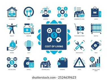 Conjunto de ícones de Custo de Vida. Alimentação, Saúde, Manutenção, Aquecimento, Gastos, Energia, Padrão de Vida, Renda. Ícones sólidos de cor duotônica