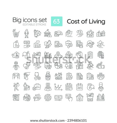 Cost of living linear icons set. Well being. Household budget. Financial sustainability. Standard of living. Customizable thin line symbols. Isolated vector outline illustrations. Editable stroke