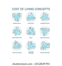 Juego de iconos de concepto turquesa de costo de vida. Gastos de dinero. Necesidad básica. Sostenibilidad financiera. Economía personal. Bueno, son ilustraciones de color de línea delgada. Símbolos aislados. Trazo editable