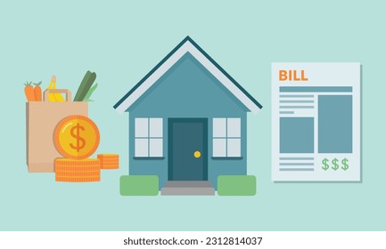 Cost of living vector illustration. Rising costs of housing, groceries and utility bills concept. Simple flat graphic style. 