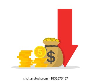 Cost low and loss. Decrease revenue. Crisis of economy. Icon of money inflation. Graph of financial investment with arrow down. Reduction of business. Bankruptcy of company or lack of budget. Vector.