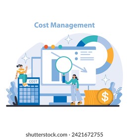Cost Management concept. Strategic financial analysis for budget optimization. Cost reduction and resource allocation. Profit maximization focus. Flat vector illustration.