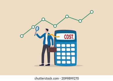 Cost management or expense analysis, business strategy to analyze and reduce cost to gain more profit concept, smart businessman using magnifying glass to analyze cost chart with calculator.