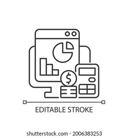 Cost management linear icon. Business finance planning. Strategy for economics. Work monitoring. Thin line customizable illustration. Contour symbol. Vector isolated outline drawing. Editable stroke